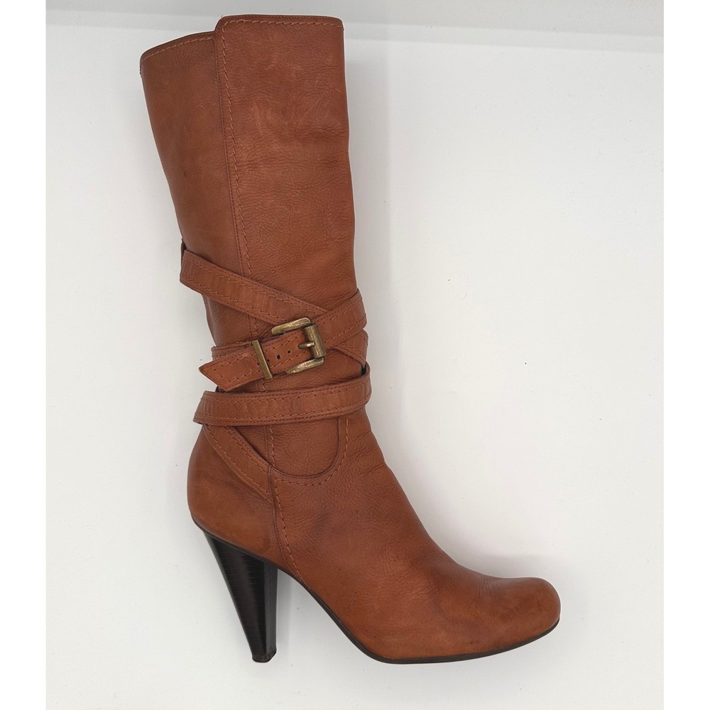 BCBGirls 8.5 Boots Cognac Leather Multi-Strap Buckle Mid-Calf Western Moto Y2K